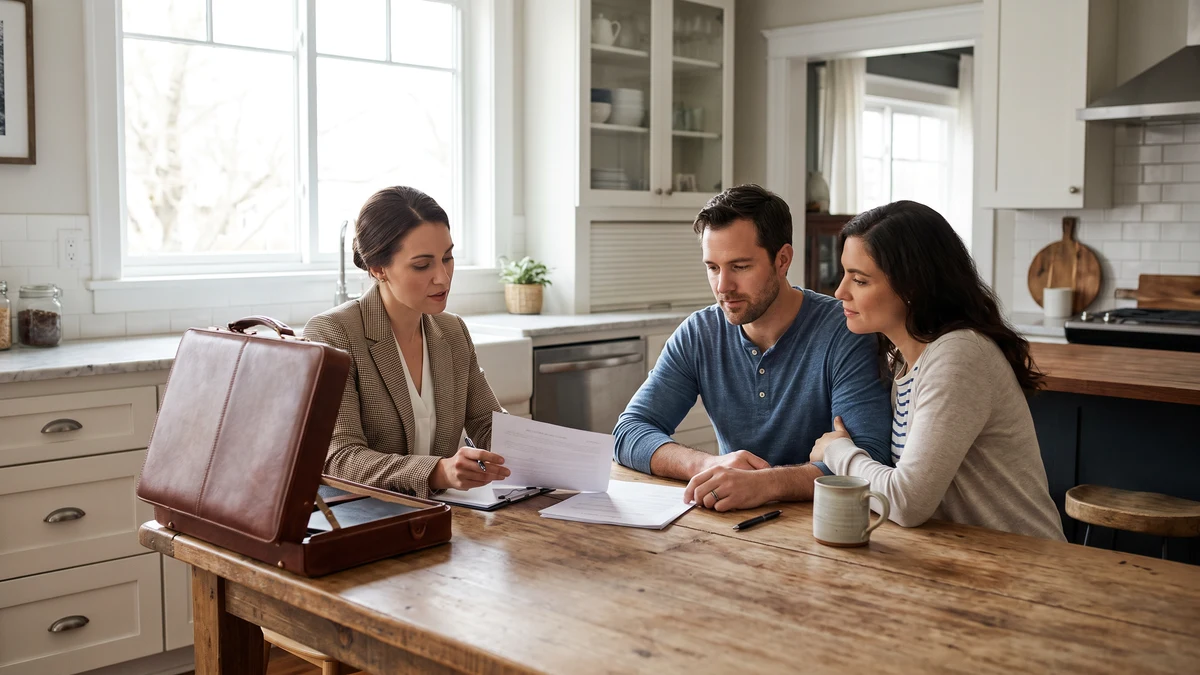 Female notary signing agent in blazer with leather briefcase reviewing loan documents with couple at rustic kitchen table in bright home, natural window light