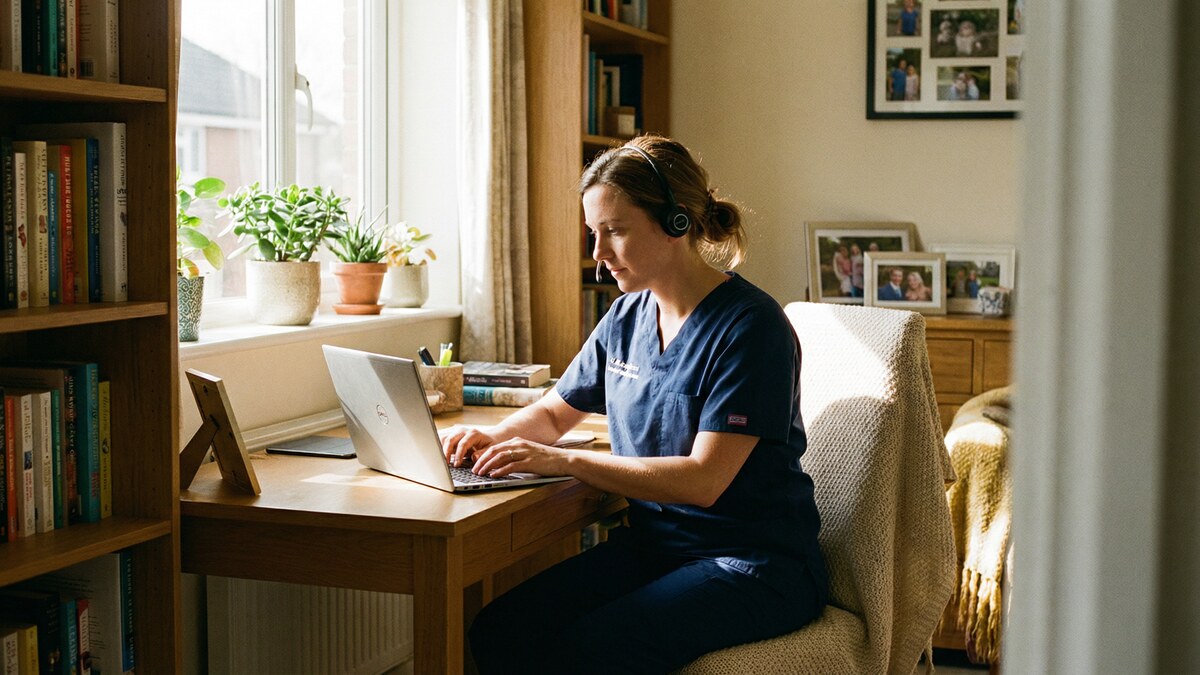 Nurse in scrubs working remotely from a home office with a laptop and headset