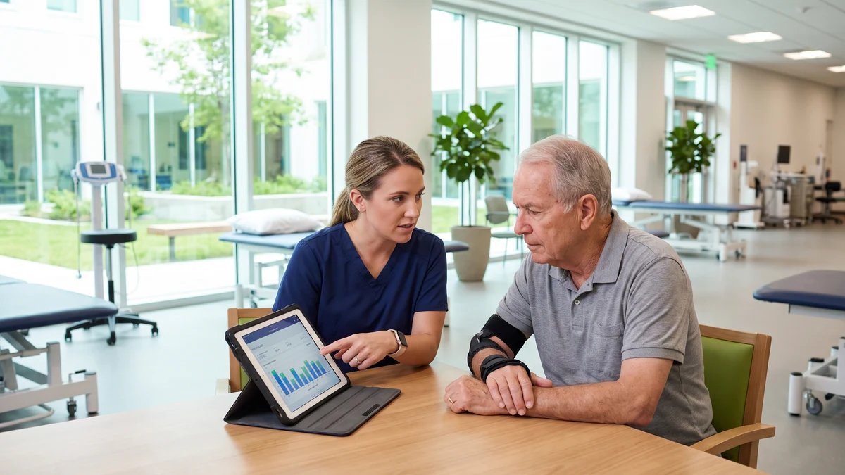 Occupational therapist in scrubs reviewing tablet with older patient wearing wrist brace in bright rehabilitation clinic