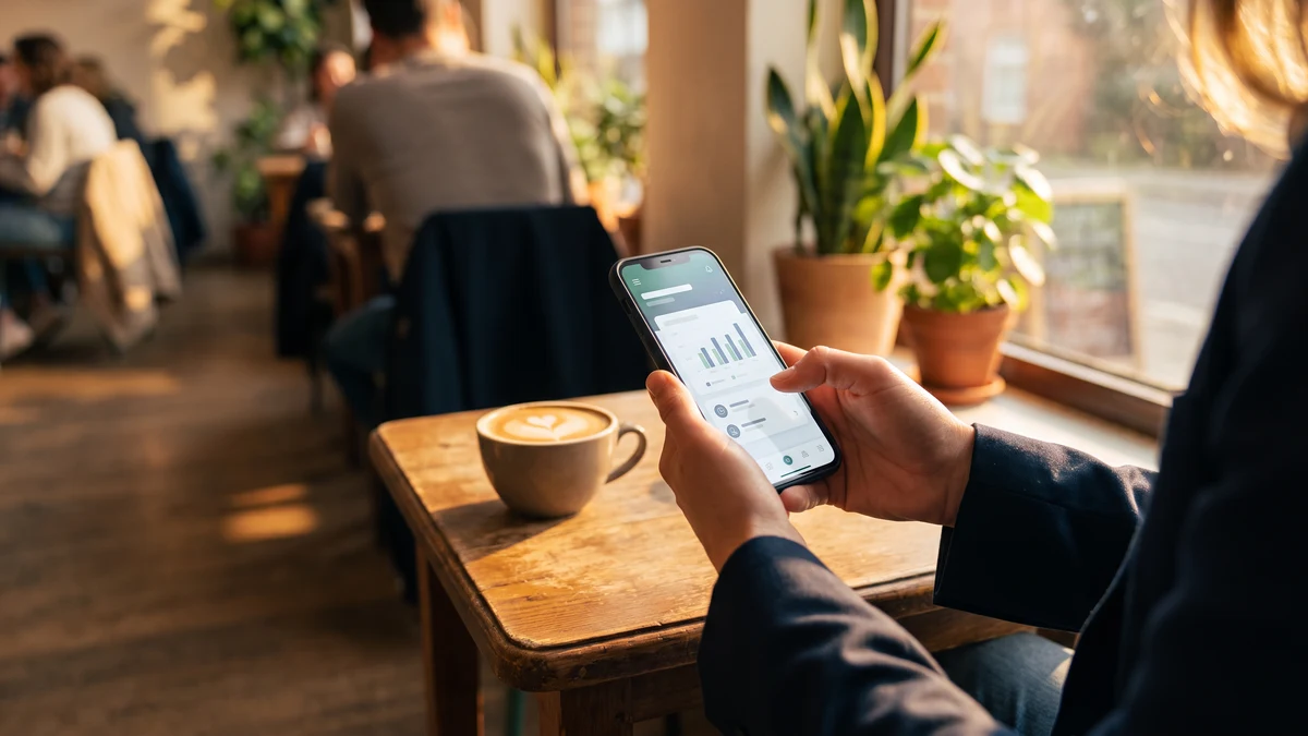 Hands holding a smartphone with a banking app open at a cafe table with warm afternoon light