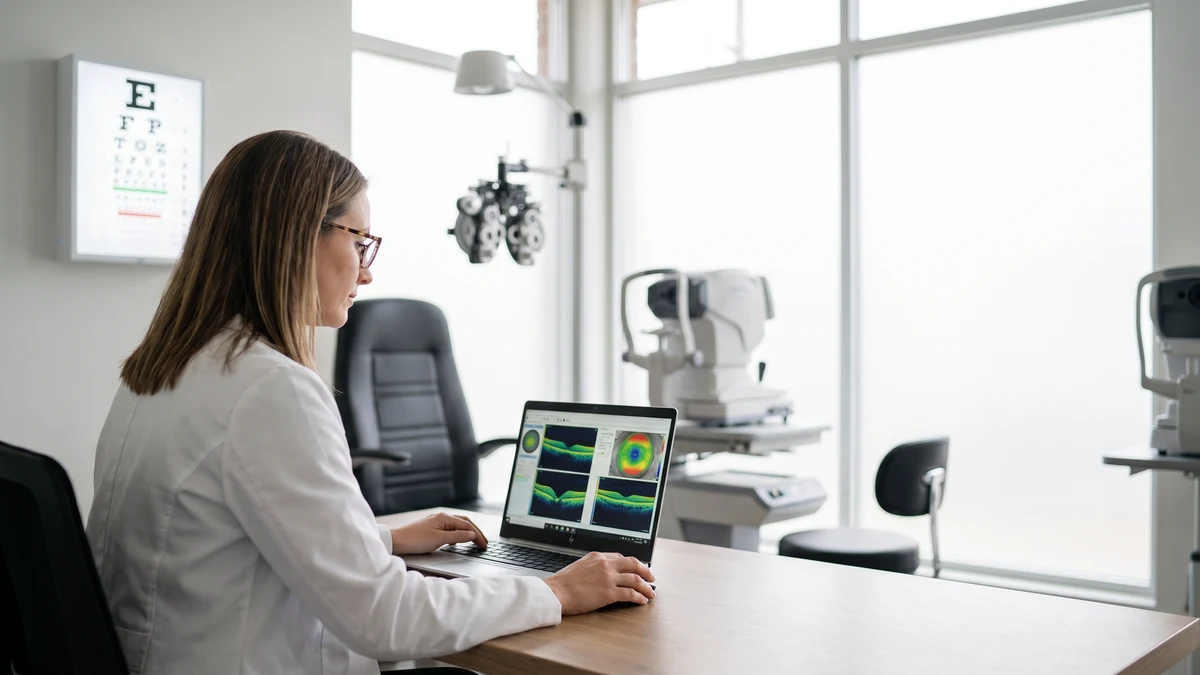 Optometrist in white coat reviewing retinal and OCT scan images on laptop in a modern eye care clinic