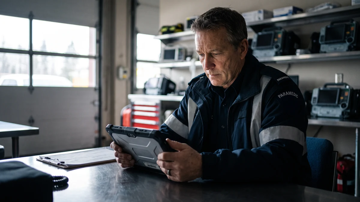 Paramedic in uniform reviewing rugged tablet at EMS station desk with medical monitoring equipment visible on shelves in background