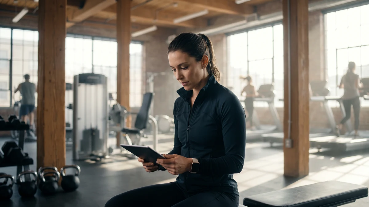 Personal trainer reviewing tablet in modern gym with equipment and clients visible in background