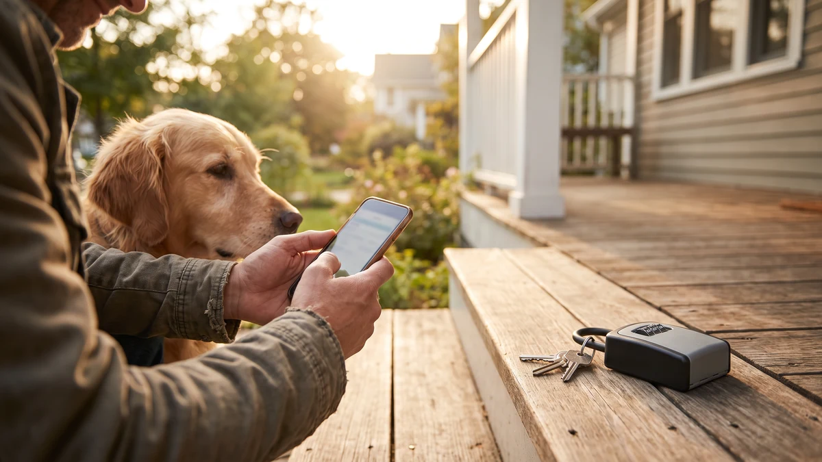 Pet sitter checking a booking app on a smartphone next to a golden retriever, with house keys and a lockbox on a porch step in warm afternoon light