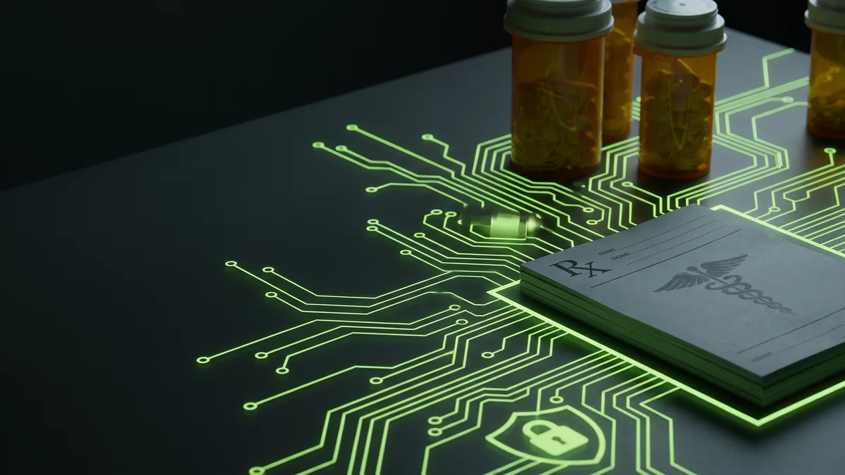 Glowing green circuit board patterns with pharmacy prescription bottles and Rx pad symbolizing cybersecurity for pharmacists