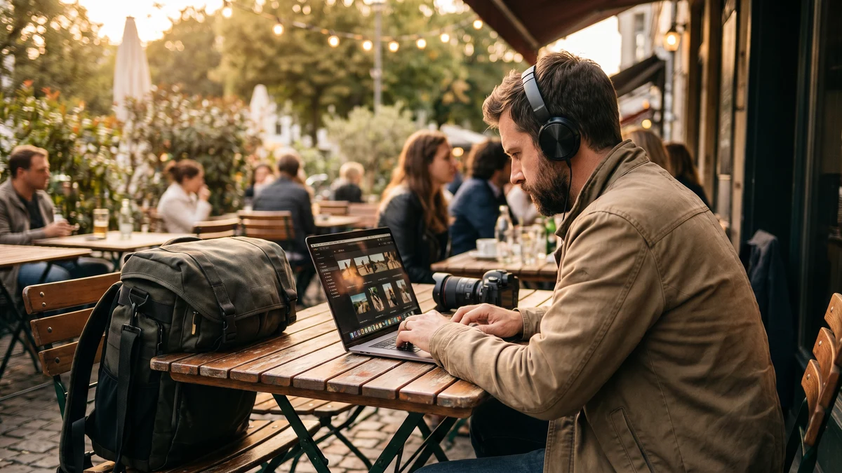 Photographer editing photos on laptop at outdoor cafe with camera bag and DSLR on table