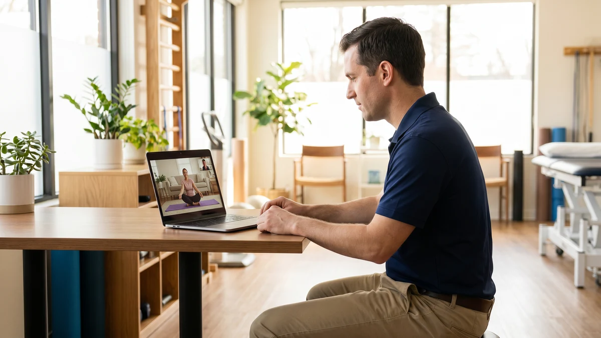 Physical therapist conducting a telehealth session on a laptop in a modern clinic