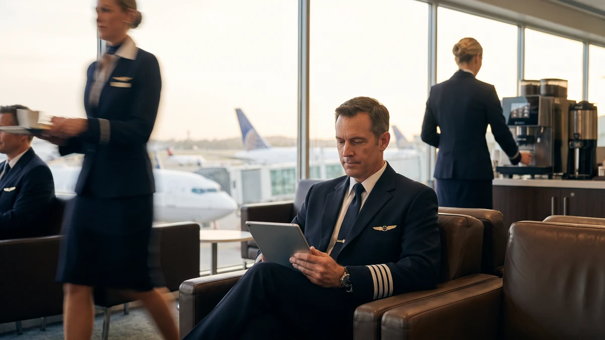 Commercial airline pilot in uniform reviewing tablet in airport crew lounge with aircraft visible through window