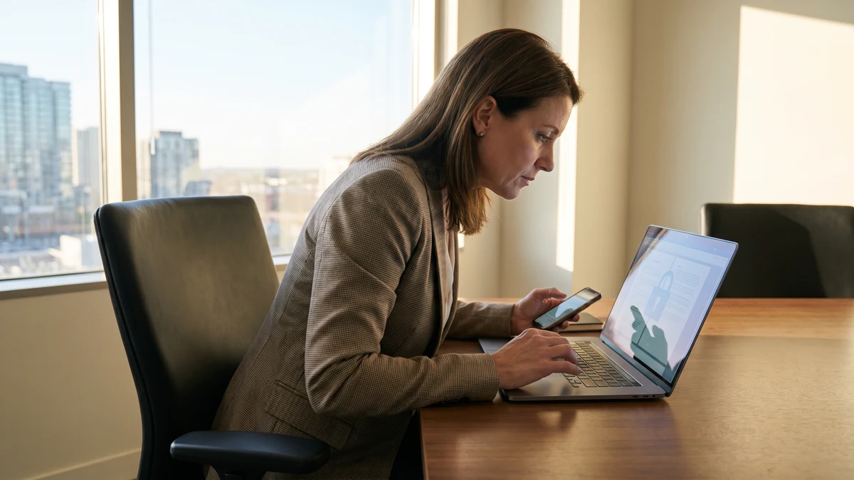 Property manager reviewing tenant documents securely on laptop with cybersecurity protection