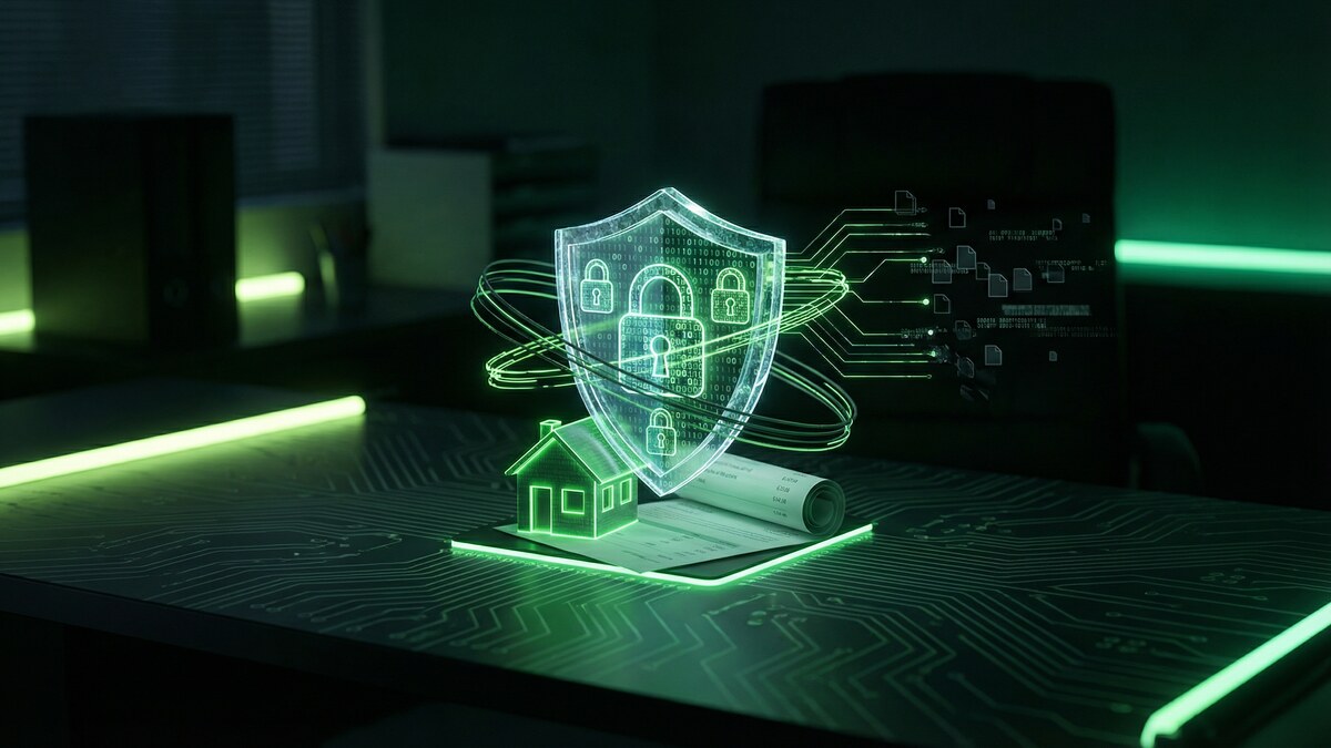 Green encrypted shield protecting a house and real estate documents on dark circuit board background