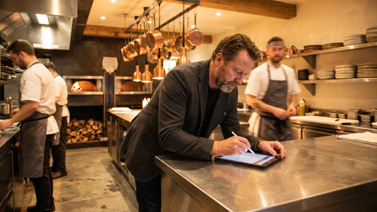 Restaurant owner reviewing tablet at kitchen counter with chefs working in background