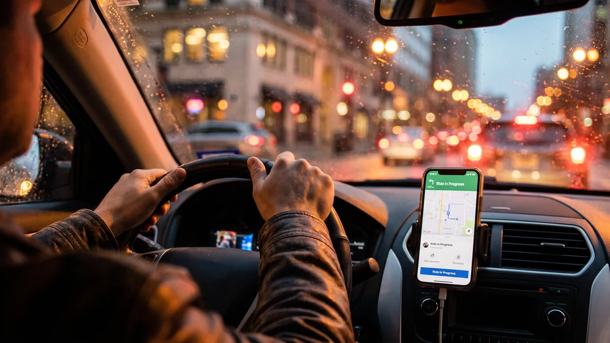 Rideshare driver's hands on the steering wheel with a navigation app open on a dashboard-mounted phone