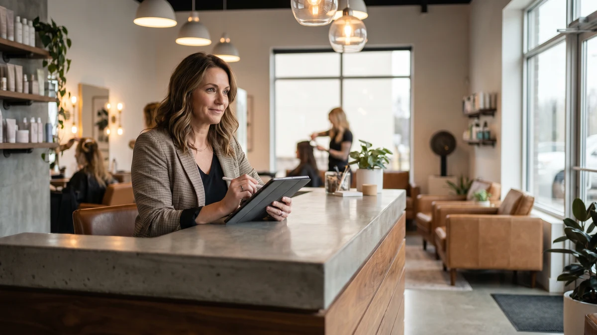 Salon owner reviewing tablet at reception desk with stylist and client visible in background