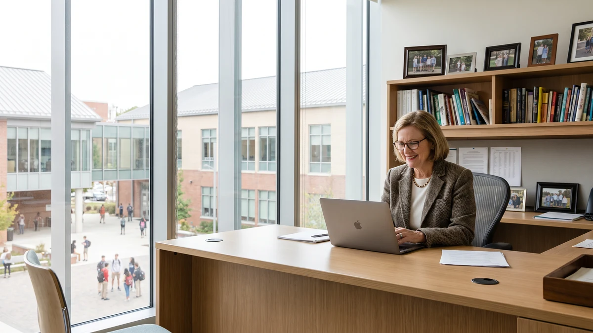 Female school administrator with glasses smiling at MacBook laptop in modern corner office overlooking campus courtyard with students visible through floor-to-ceiling windows