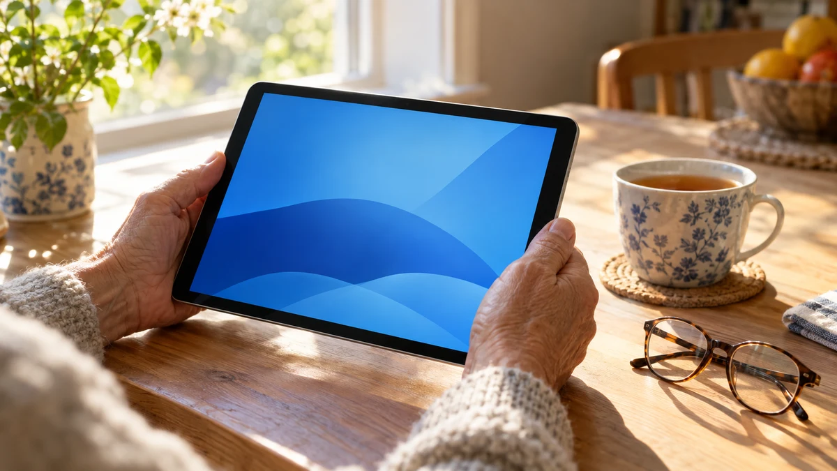 An older adult's hands holding a tablet at a sunny kitchen table next to a cup of tea and reading glasses
