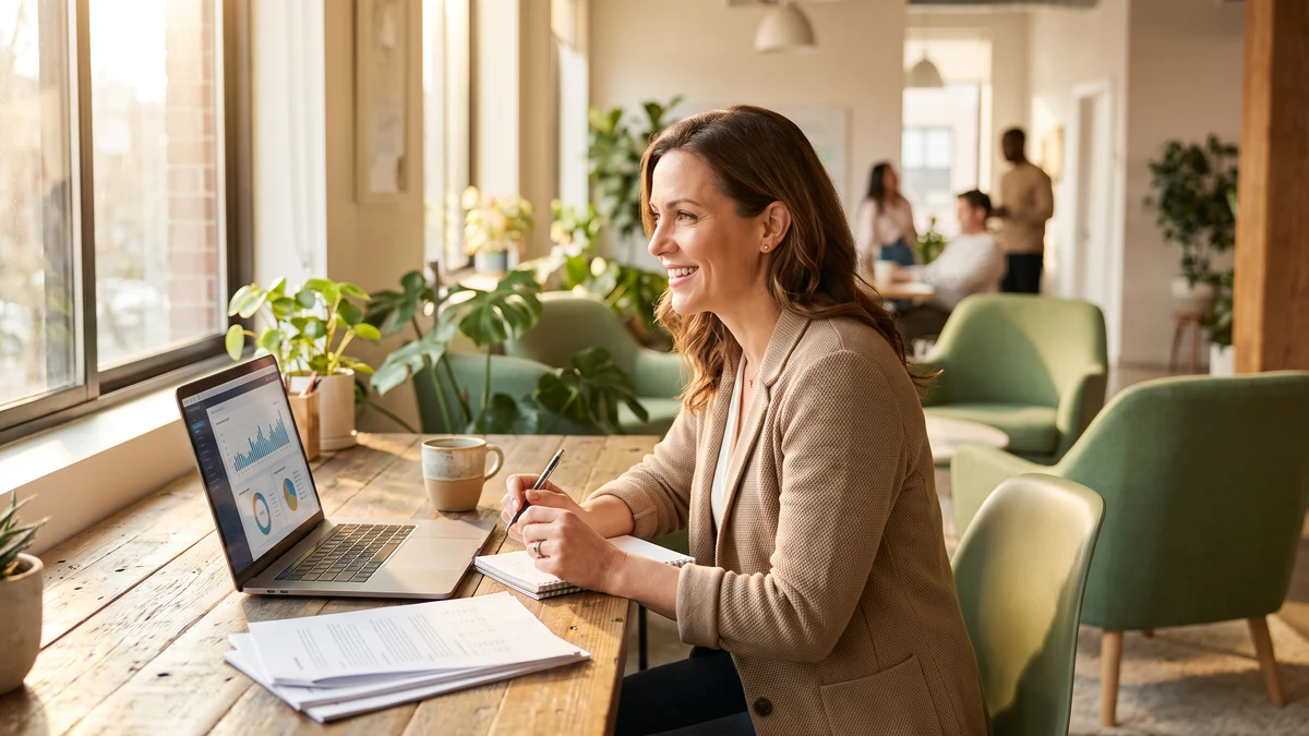 Small business owner working at a wooden desk with a laptop showing a business dashboard in a bright modern office