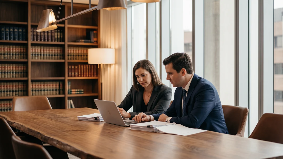 Two attorneys reviewing case documents on a laptop at a conference table in a small law firm office
