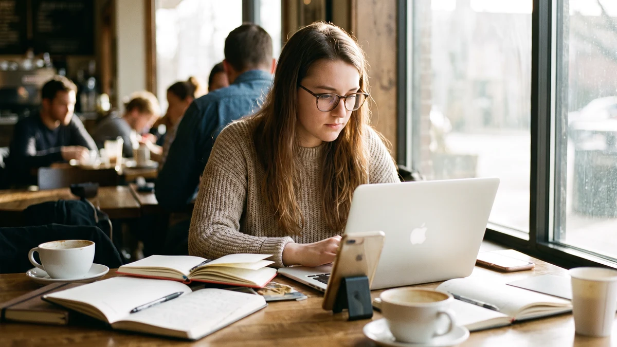 Young woman social media manager with glasses working on a MacBook laptop at a busy coffee shop table with open notebooks, a phone, and two cups of coffee, natural window light