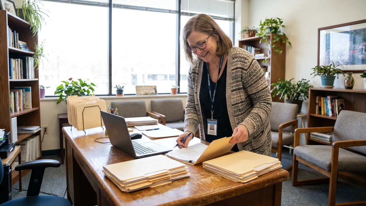 Social worker reviewing client case files on laptop in a professional community office setting