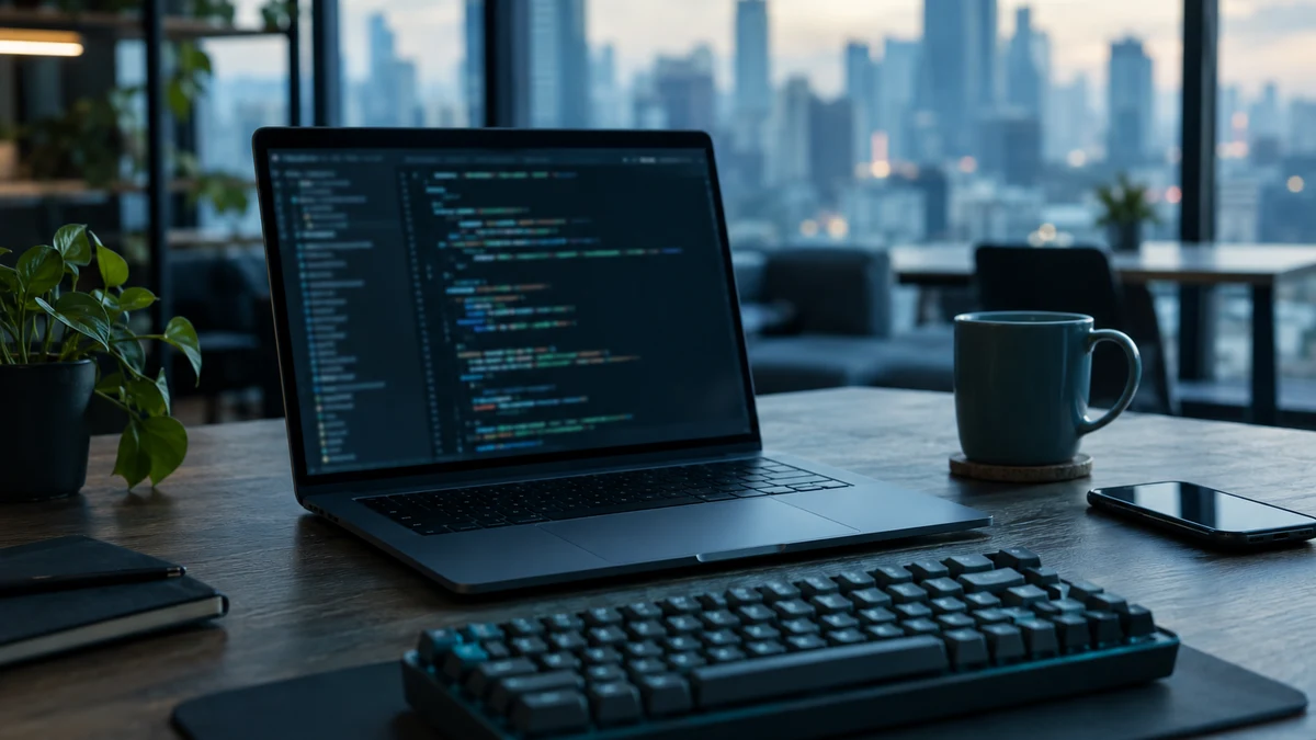 A laptop showing blurred lines of code on a coworking desk with a keyboard, phone, and coffee mug in front of a city skyline, representing a developer working on a shared network