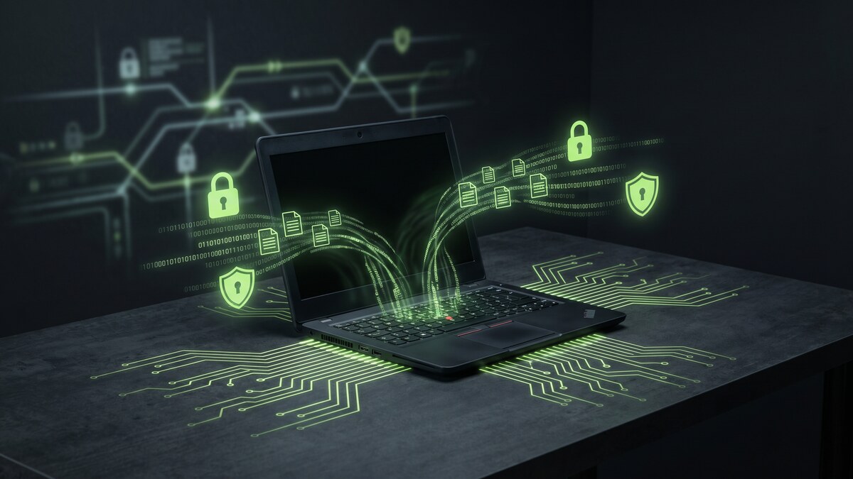 Laptop on dark desk with glowing green encrypted data streams and security shield icons