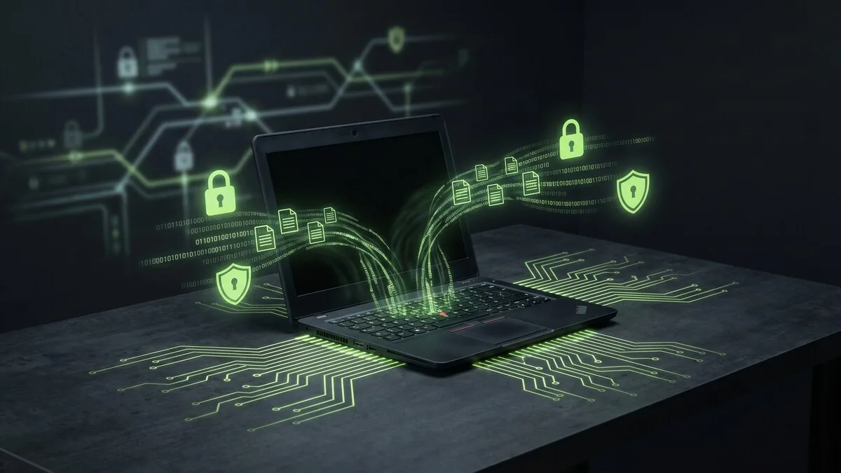 Laptop on dark desk with glowing green encrypted data streams and security shield icons