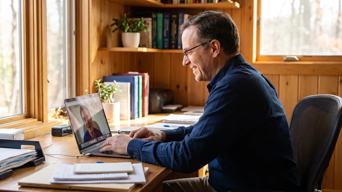Male healthcare provider with glasses smiling during a video call with a patient on a MacBook laptop in a warm wood-paneled home office with medical binders on shelves, natural window light