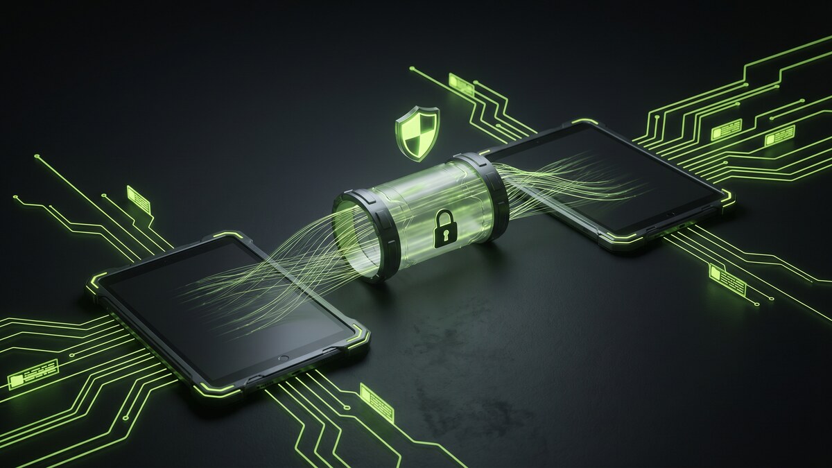 Two tablets connected by an encrypted green tunnel with padlock and shield icons on dark circuit board background
