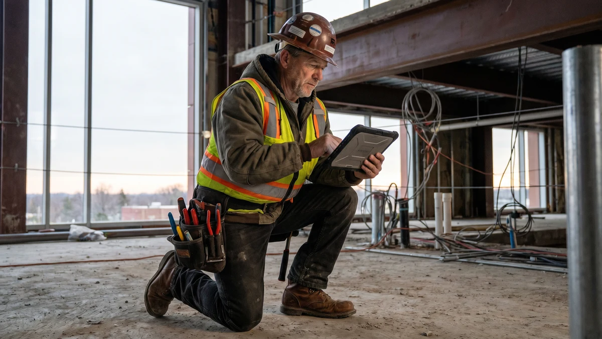 Trades contractor in safety vest and hard hat reviewing tablet on job site