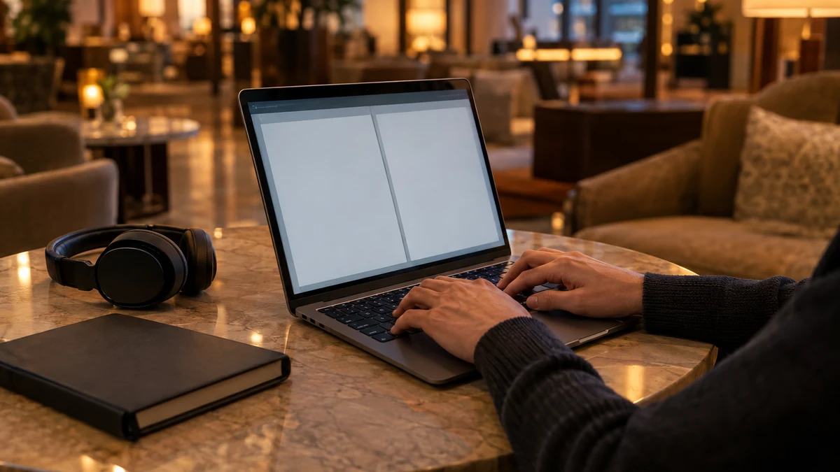 A professional's hands typing on a laptop with two blank text columns in a hotel lobby, with a headset and notebook on the table, representing a translator or interpreter working on a public network