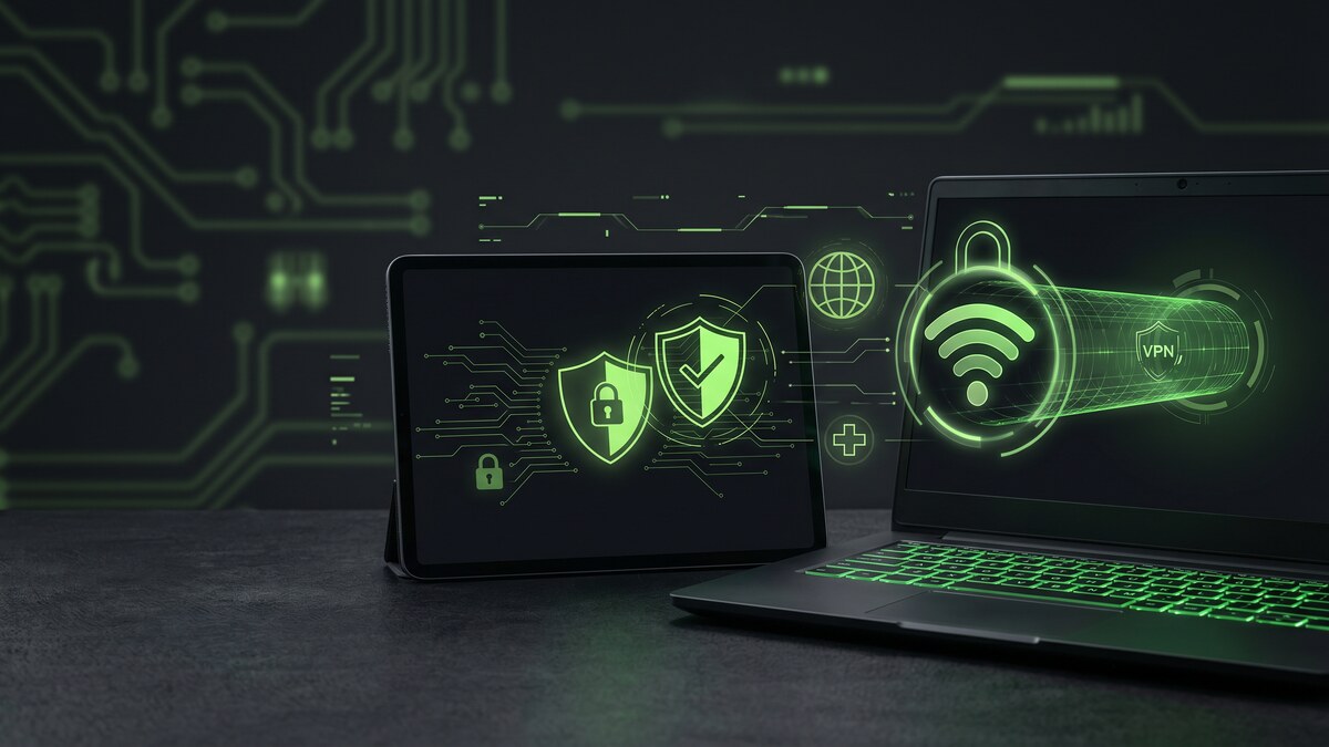 Medical tablet and laptop on dark surface with glowing green VPN security shields, WiFi signal encrypted through secure tunnel