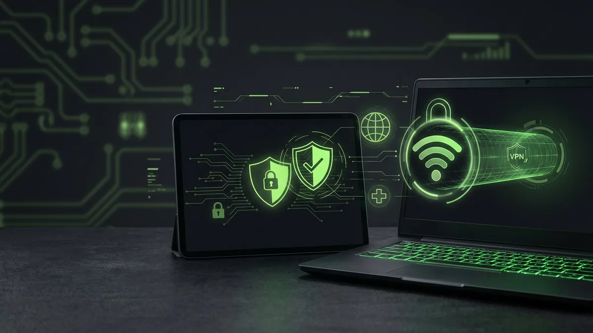 Medical tablet and laptop on dark surface with glowing green VPN security shields, WiFi signal encrypted through secure tunnel
