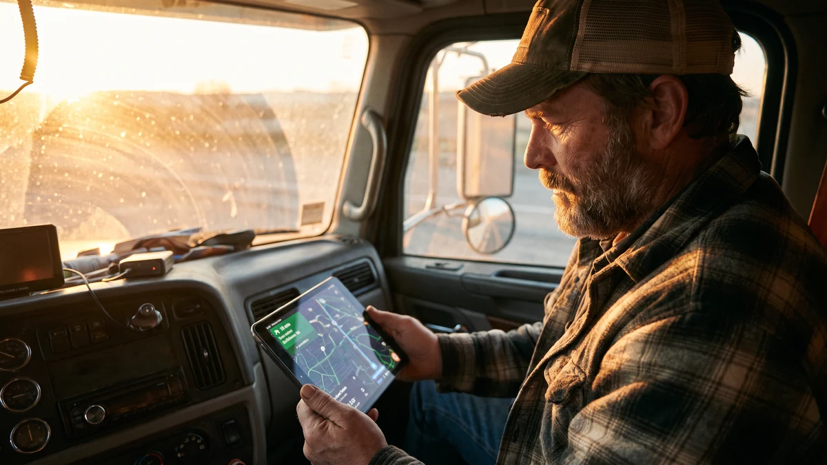 Bearded truck driver in a cap sitting in the cab of a semi-truck at golden hour, holding a tablet displaying a navigation map, warm light through the windshield