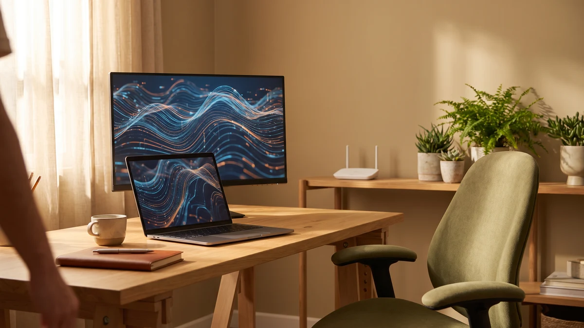 Modern home office with a laptop and monitor on a wooden desk, ergonomic chair, plants, and a Wi-Fi router visible on a shelf in warm morning light
