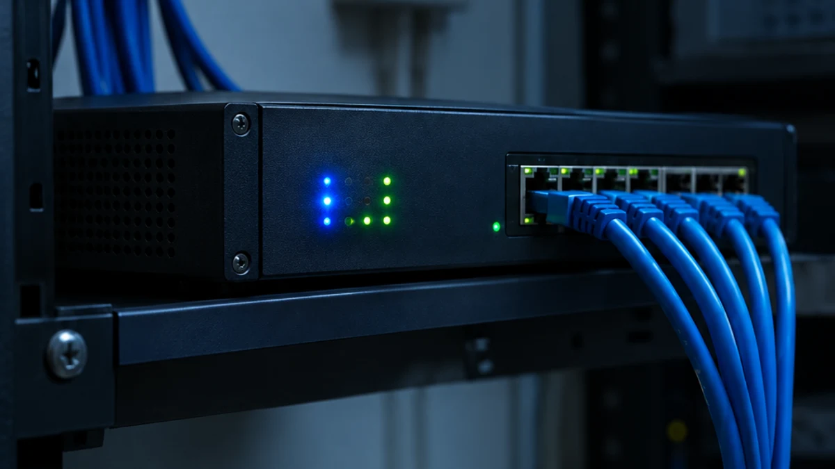 A small network firewall appliance in a wiring closet with blue and green status lights and a bundle of blue network cables plugged into it