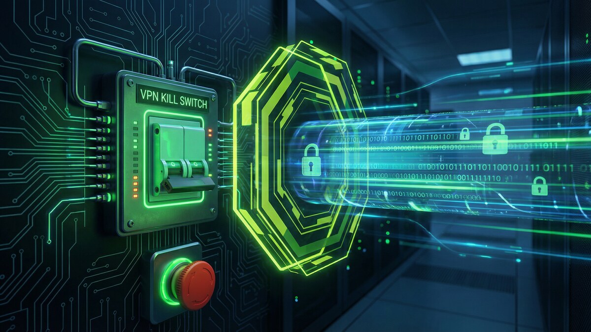 VPN kill switch panel with glowing green encrypted data tunnel and lock icons on dark circuit board background