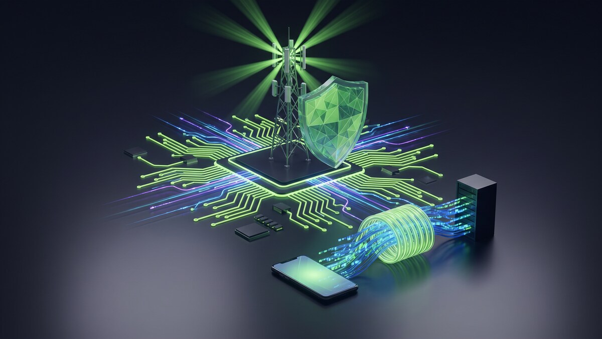 5G tower with green security shield and encrypted VPN data tunnel flowing from smartphone on circuit board