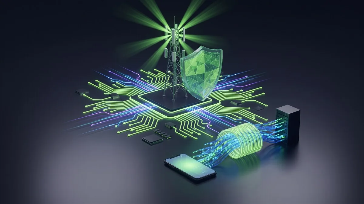 5G tower with green security shield and encrypted VPN data tunnel flowing from smartphone on circuit board