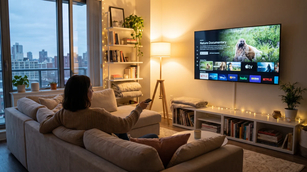 Person using remote control on couch in front of large smart TV displaying streaming apps in cozy apartment living room