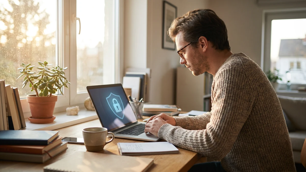 Professional working from home on laptop with VPN security enabled