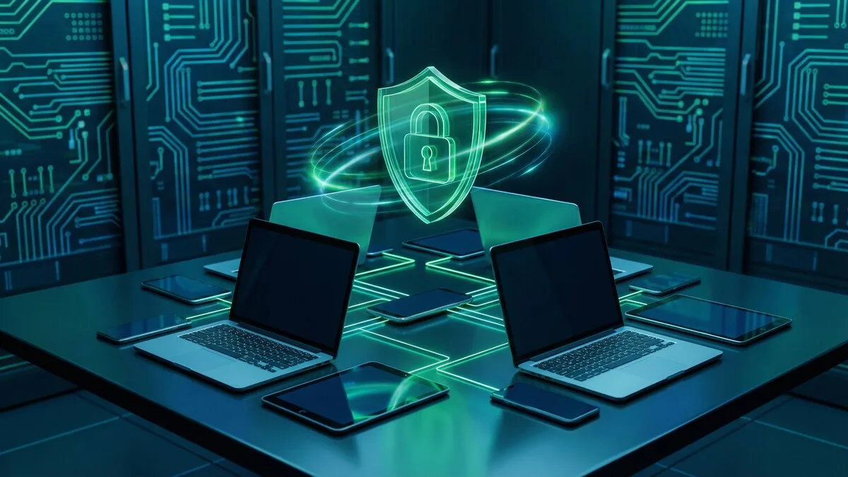 Small business team working remotely on laptops with network security on screen