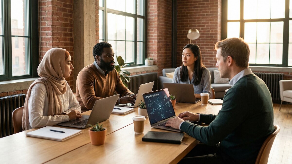 Small business team working remotely on laptops with network security on screen