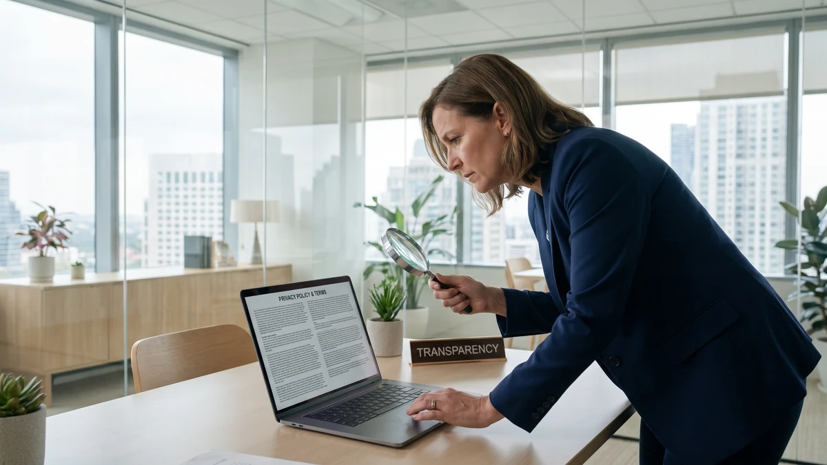 Professional reviewing privacy policy document on laptop with magnifying glass in modern glass office