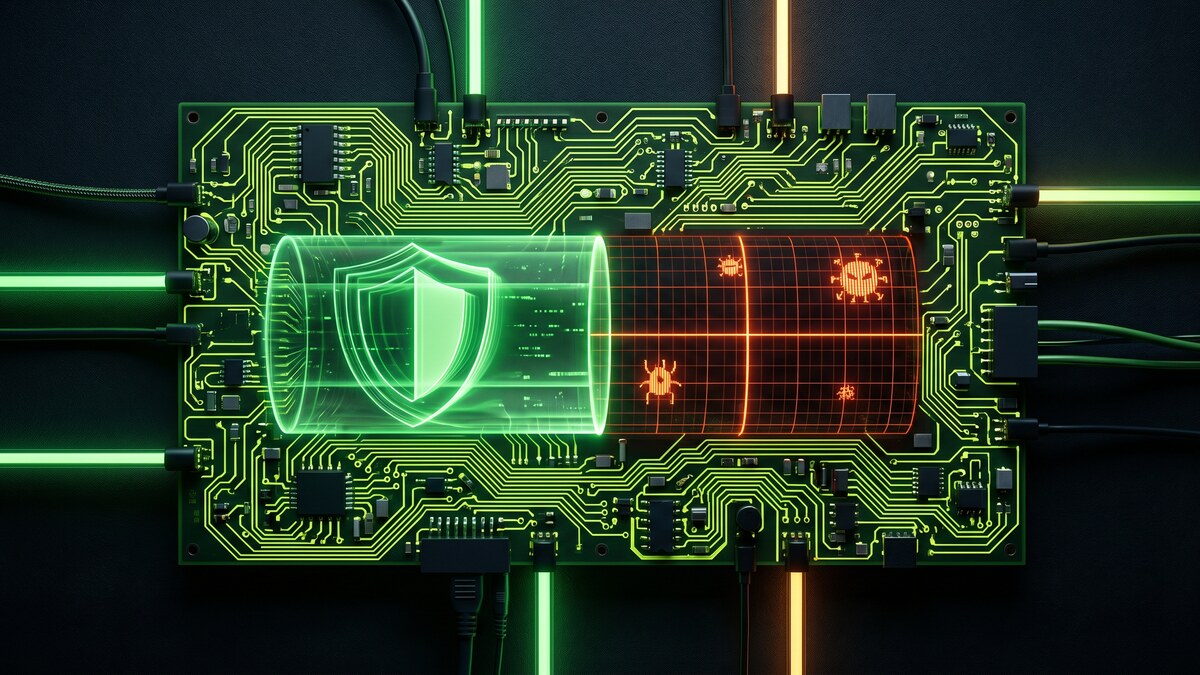 Circuit board split between green VPN shield on the left and orange-red antivirus virus-scanning grid on the right, showing two complementary security layers