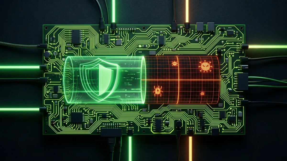 Circuit board split between green VPN shield on the left and orange-red antivirus virus-scanning grid on the right, showing two complementary security layers
