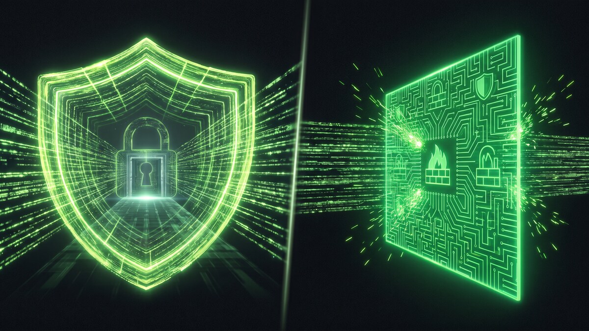 Split-screen comparison of glowing green VPN shield tunnel on the left and firewall circuit board barrier on the right
