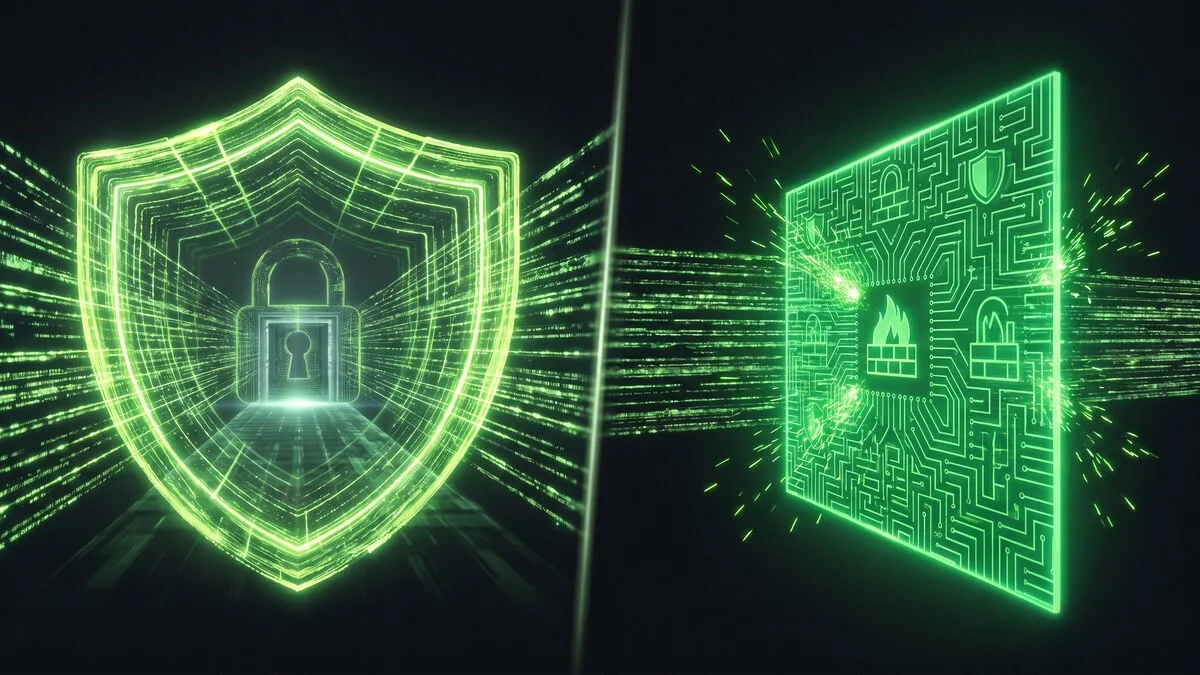 Split-screen comparison of glowing green VPN shield tunnel on the left and firewall circuit board barrier on the right