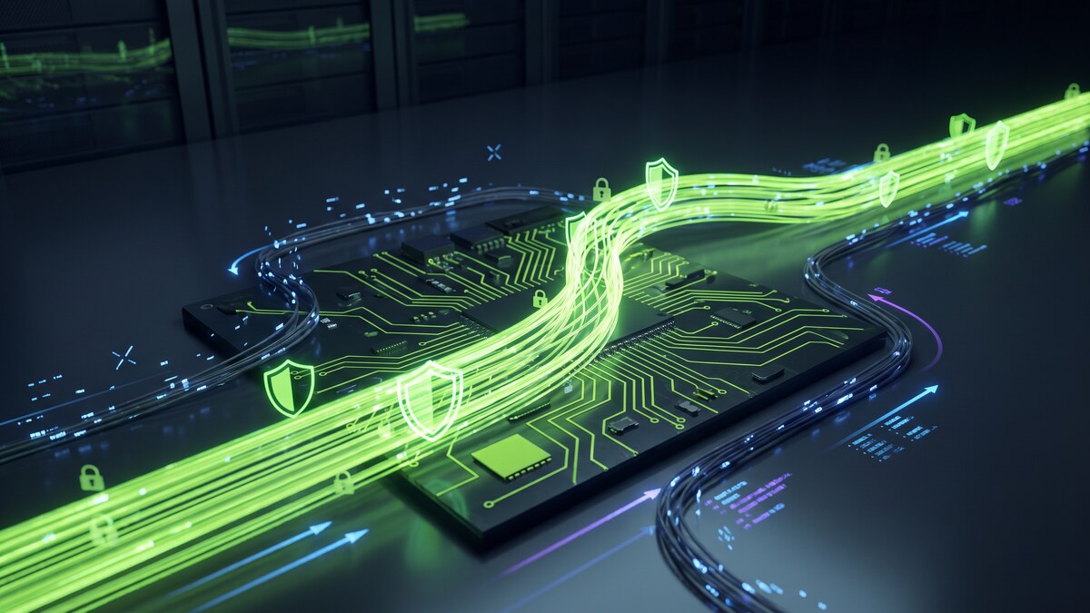 Two separate data paths on a circuit board — bright green encrypted VPN path with shields diverging from a dimmer unprotected path