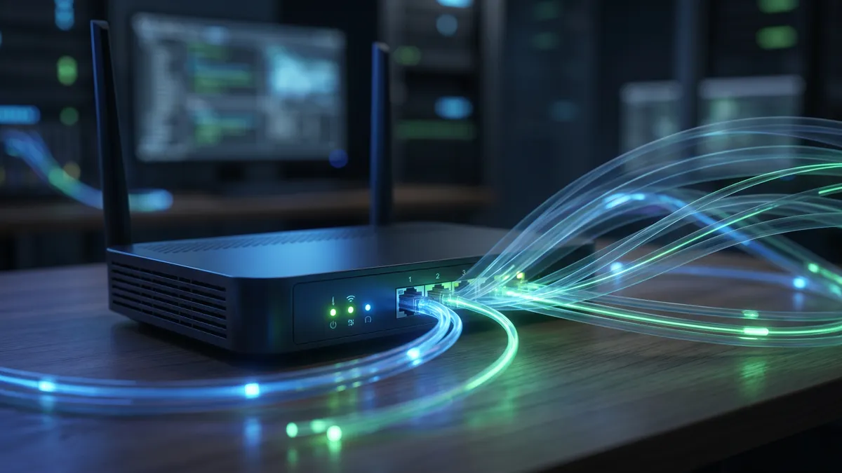 Internet router with glowing data streams representing VPN privacy from ISP monitoring