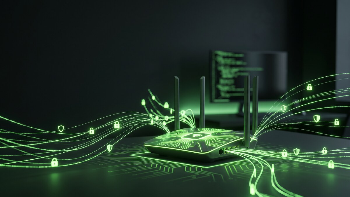 Home wifi router with glowing green encrypted data streams representing VPN privacy on home network